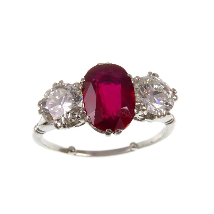 Ruby and diamond three stone ring, the oval facetted Burma ruby 1.78ct, | MasterArt